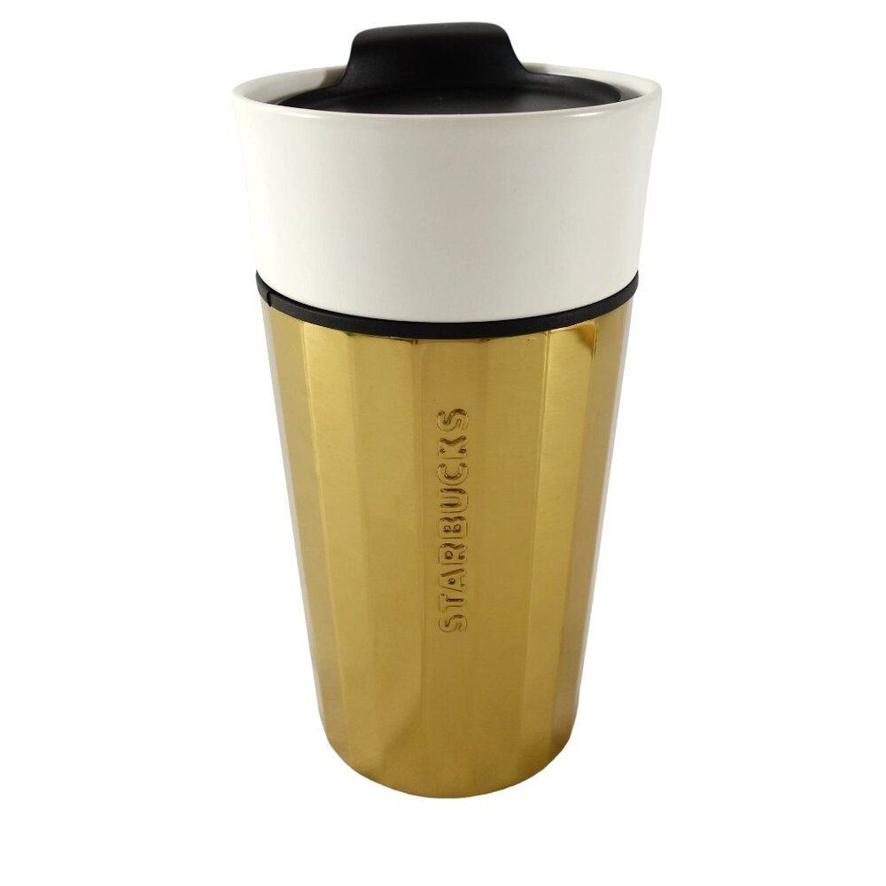 Starbucks 2015 Gold & White Ceramic To Go Tumbler 12 Oz Coffee‎ Cup Mug